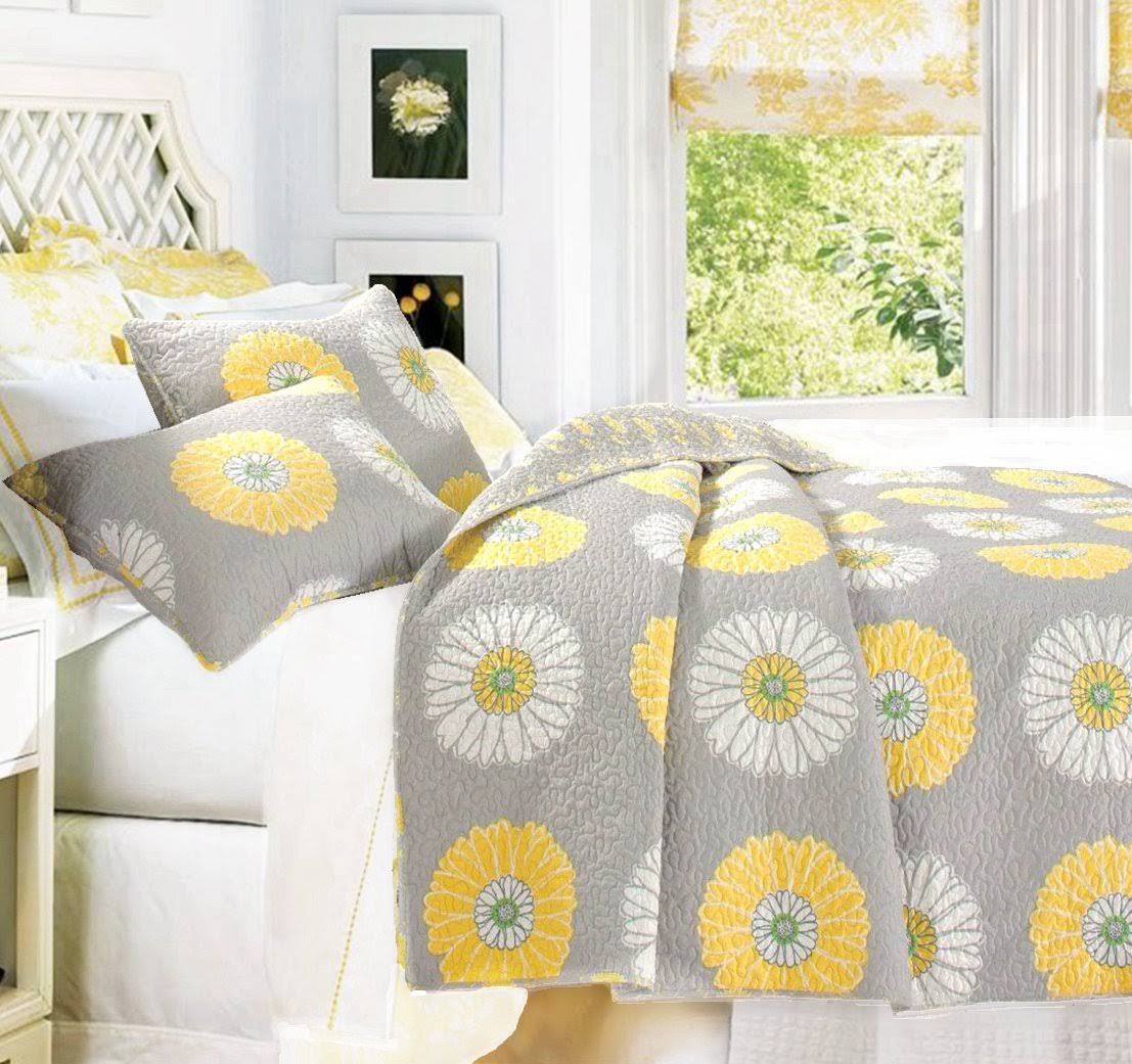 Cozy Line Home Fashions Anya Floral Bedding Quilt Set, Grey Yellow White Sunflower Flower Printed Reversible Coverlet Bedspread J6GA2H